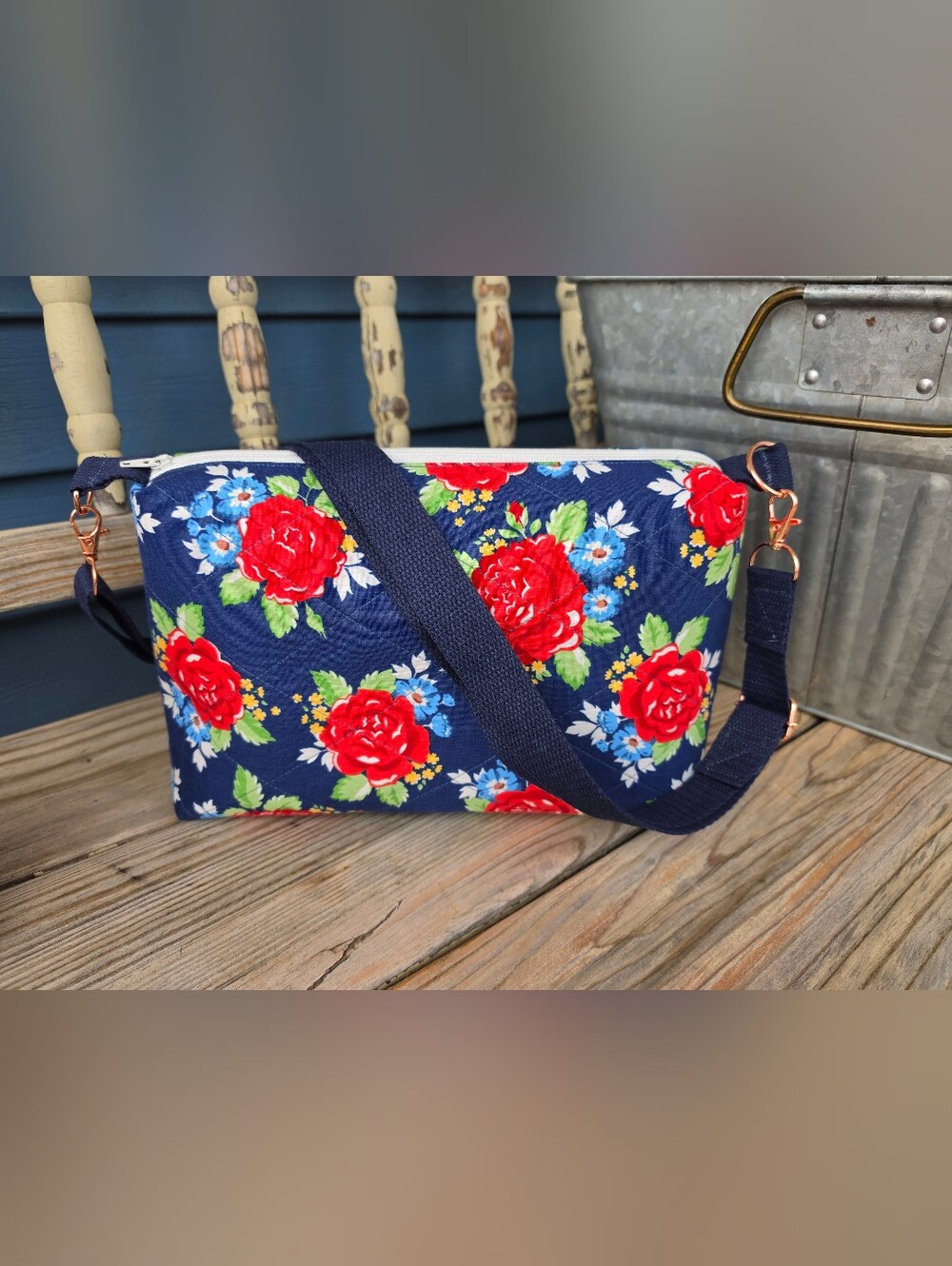 Handmade Navy Floral Quilted Crossbody Cosmetic Bag with Red Rose Print